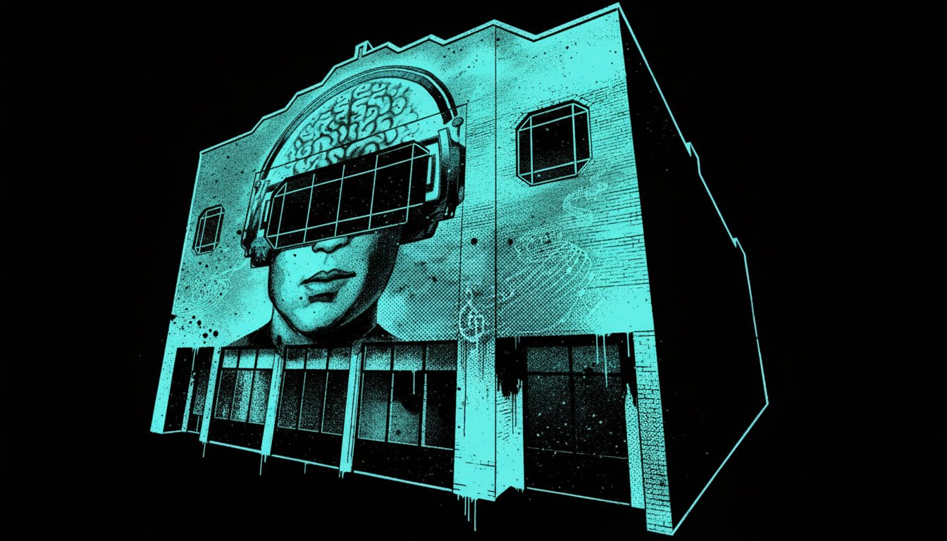 Stencil illustration of the club building and its mural