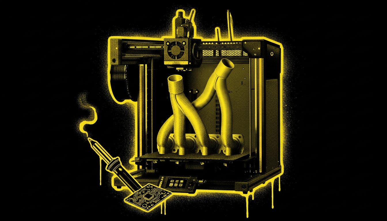 Stencil illustration of a 3D printer, soldering iron and circuit board