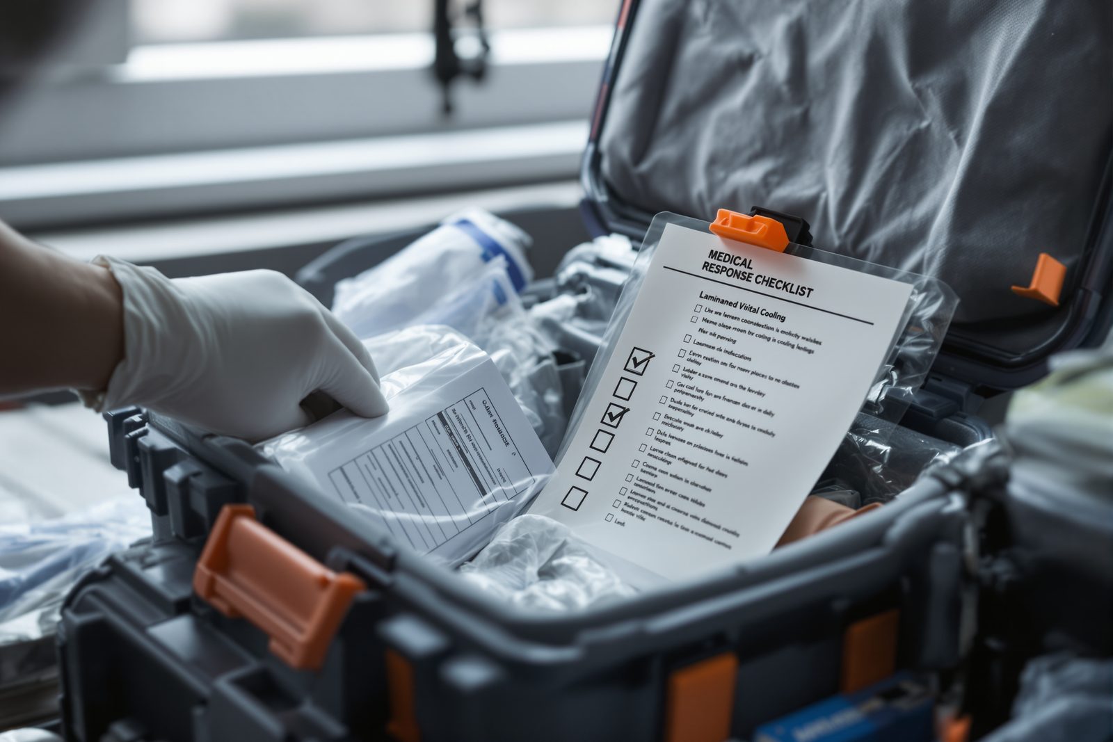 Gloved hands checking a laminated checklist inside a response case