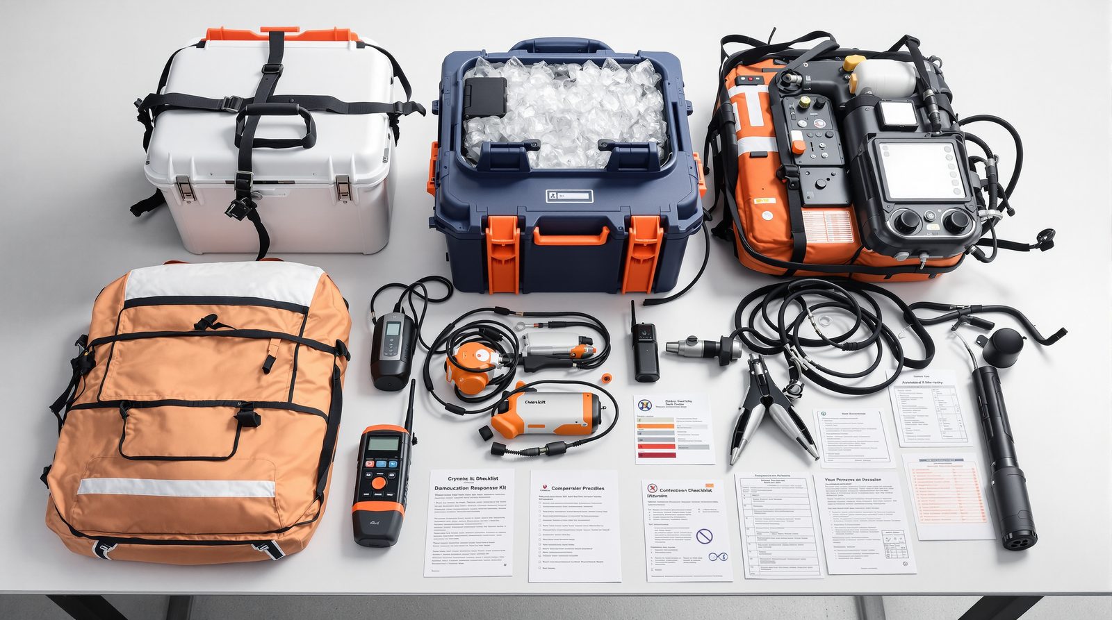 Response equipment laid out on a white table